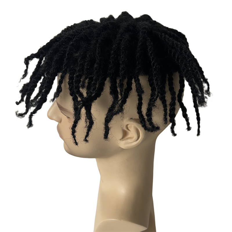 150% Dichtheid 1# Jet Black Afro Twist Braids Virgin Human Hair Vervanging Knopen Skin Pu Toupee voor zwarte mannen