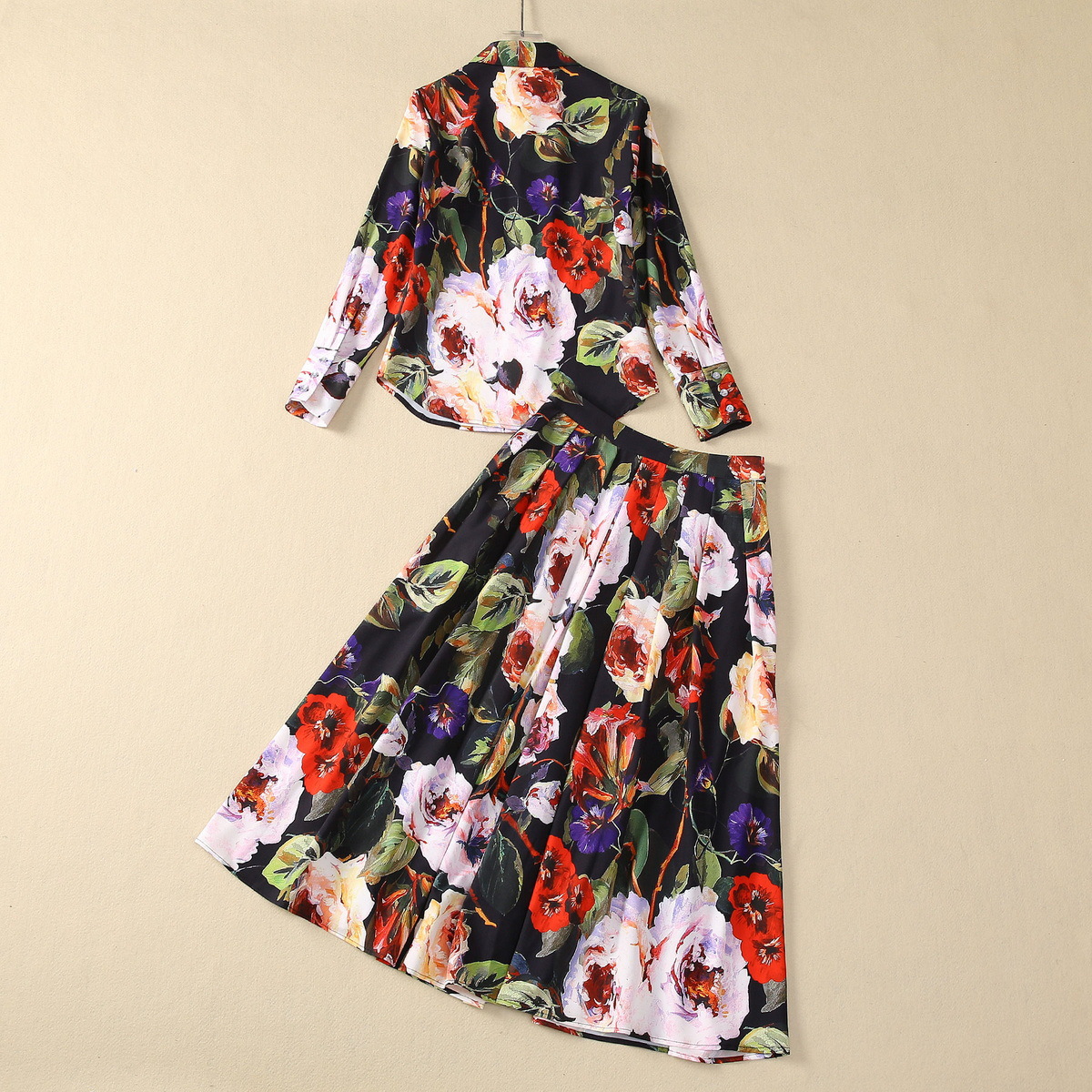 Dresses de estampa floral de miçanos conjuntos de mangas compridas mulheres e midi skiot skiot traje designer fashion fashion roupet casual diariamente vintage preto