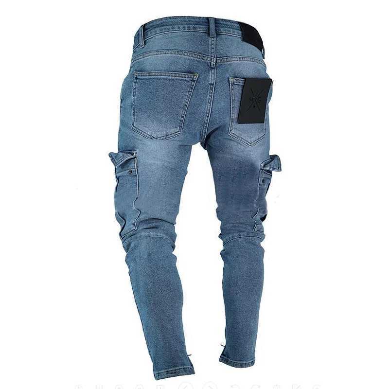 Men's Jeans Street Elastic Men Denim Cargo Pants Solid Color Multi Pockets Bottom zipper Casual Trousers Slim Fit Daily Wear Joggers d240417