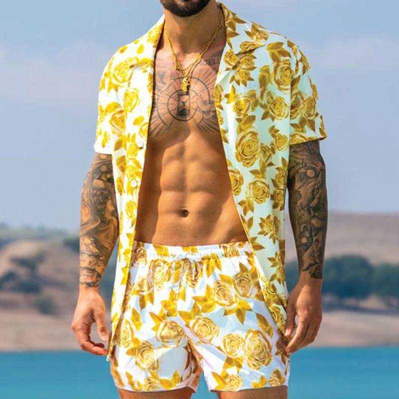 Mens Hawaii Beach Style Set Leaf Print Shorts Short Sleeve Cuban Neck Shirt Two Piece