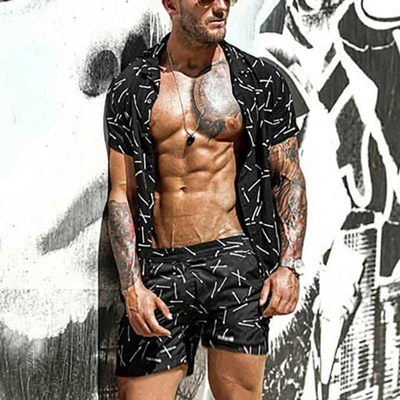 Herren Hawaii Beach Style Set Blattdruck Shorts Kurzarm Kubanische Nackenhemd zweiteilige