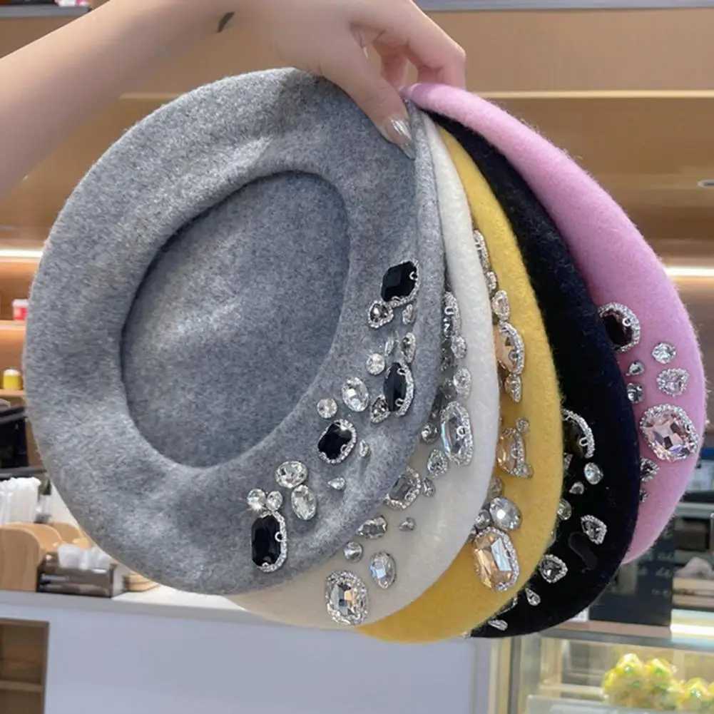 0p5g boinas dropshipping !!Boina francesa Grossa Decoração de strasslefless decoração térmica Artista de lã Painter de estilo francês Hat Women Headwear D24418