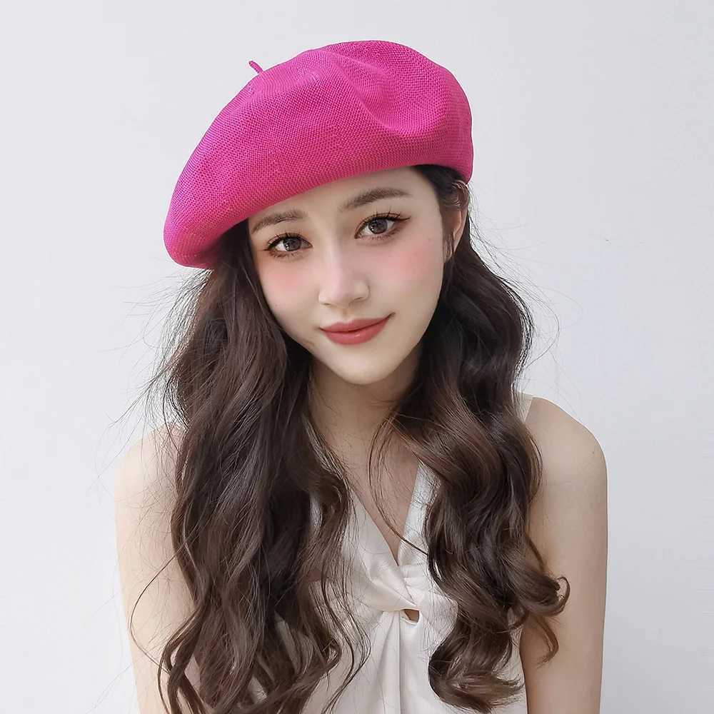 Berets Womens beret fashion solid color spring new Korean style simple drawstring adjustable breathable beret d240417