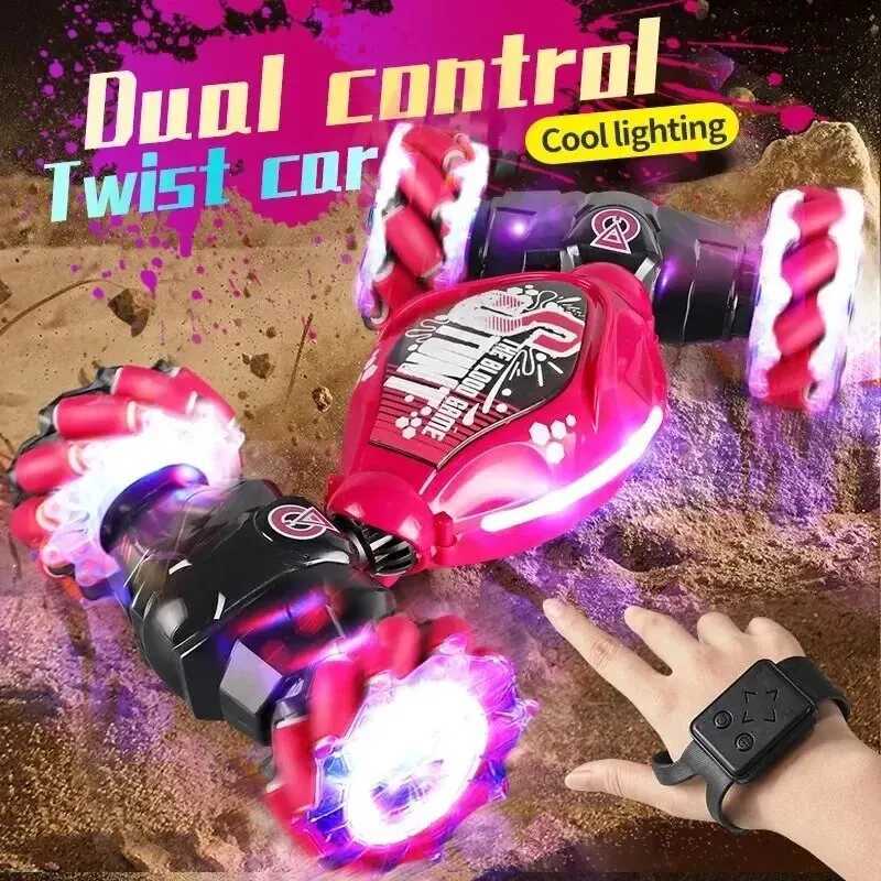 Diecast Model Cars Stunt RC car with LED lights childrens 4WD 1 16 gesture sensing deformation twisting climbing remote control car electronic toy J240417