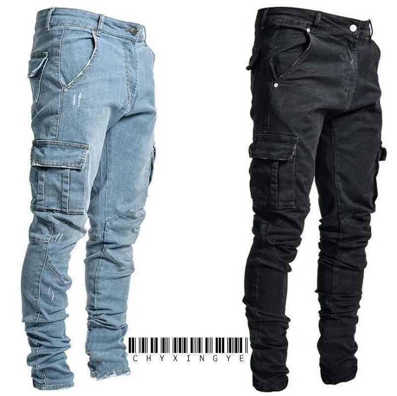 Ruku Jeans masculin pantalon cargo noir multiples multiples pantalones blue slim fit overol hombre mode streetwear décontracté 3xl d240417