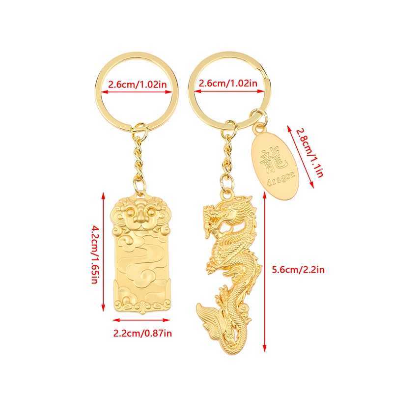Keychains Lanyards 2024 år av Dragon Cartoon Fu Wealty Dragon Solid Lucky Key Chain Gold Color Cute Totem Hanging Keyring For New Year Gifts D240417
