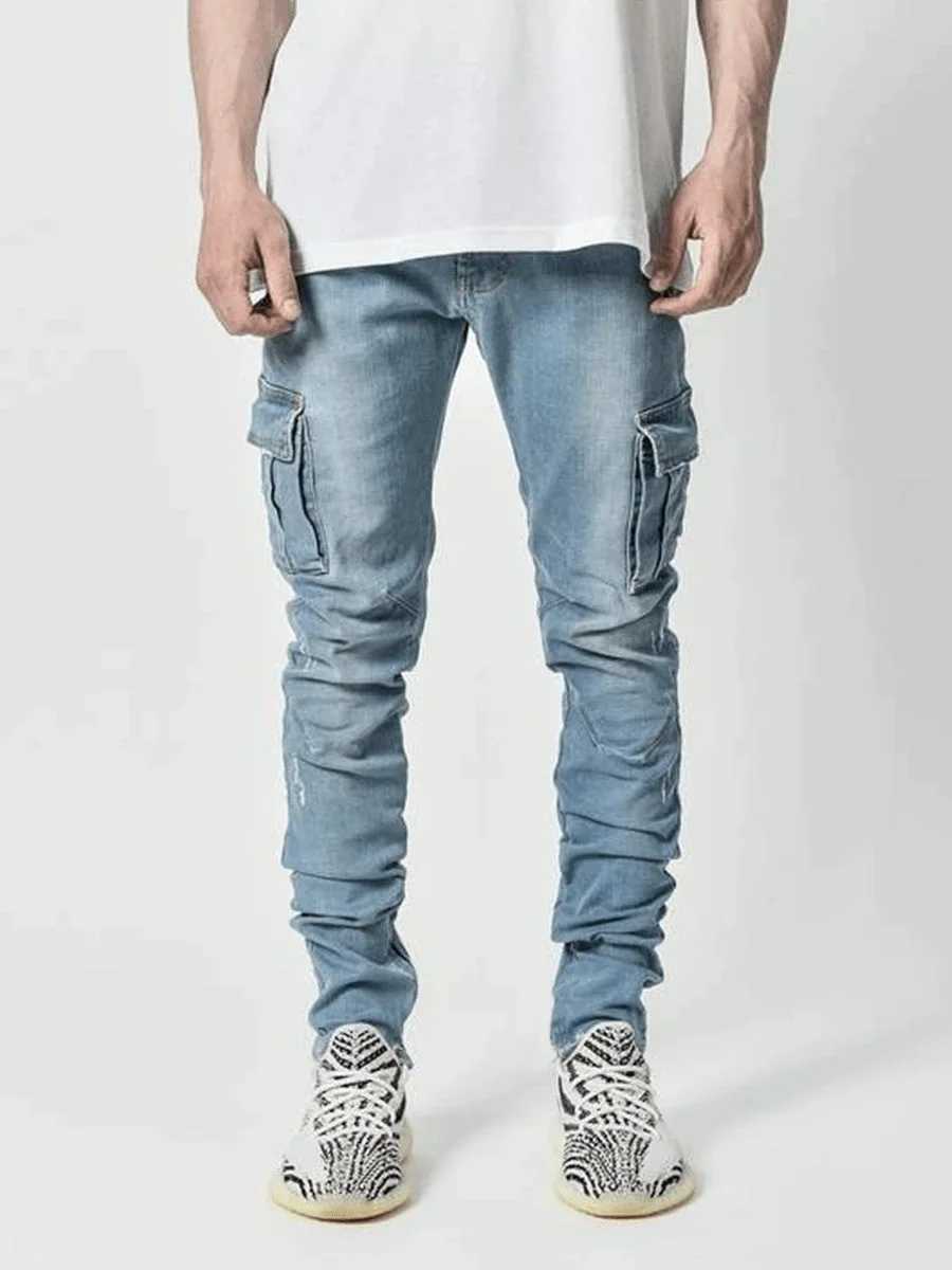 Ruku Jeans masculin pantalon cargo noir multiples multiples pantalones blue slim fit overol hombre mode streetwear décontracté 3xl d240417