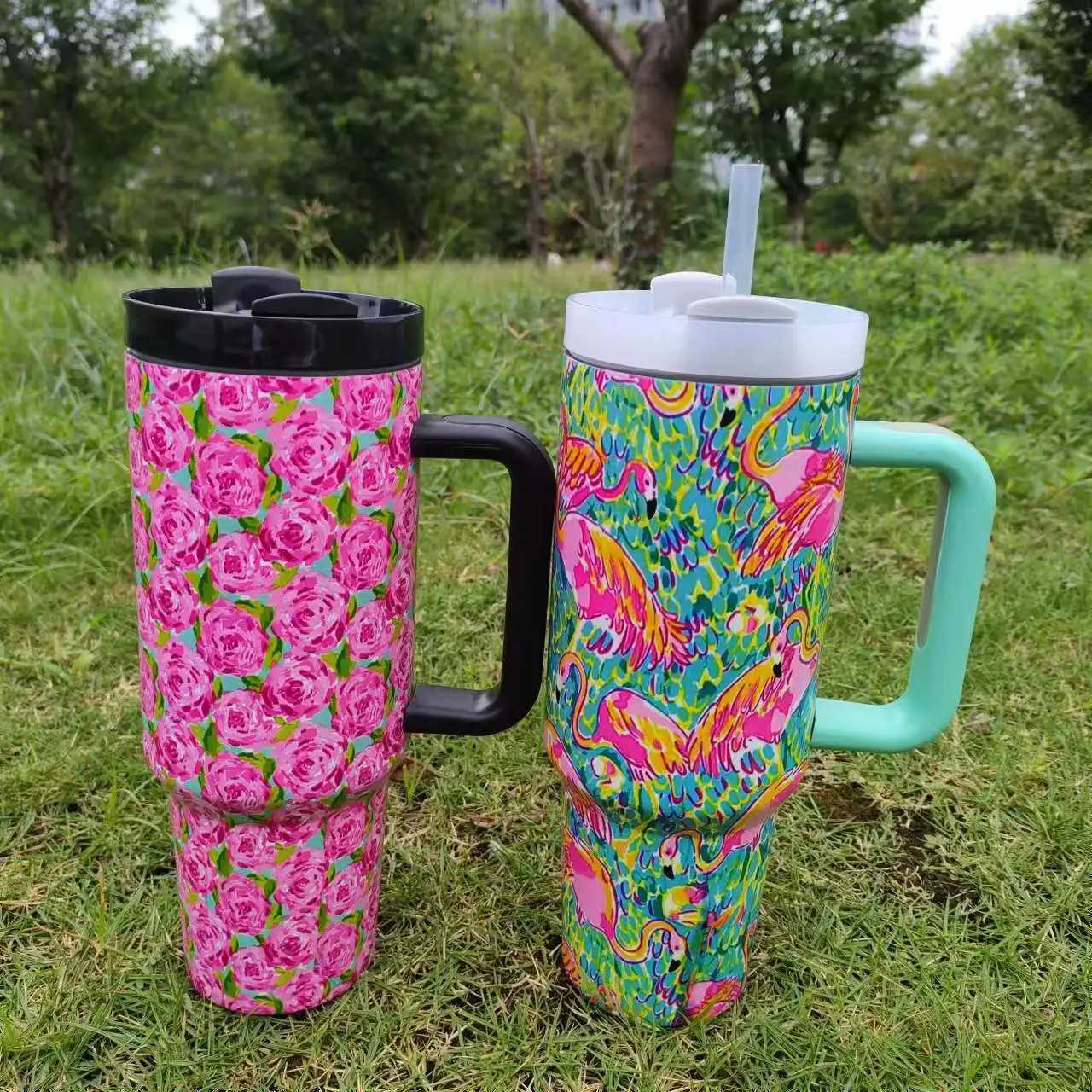 Tasses Thermos de 40 oz avec poignée avec couvercles de paille café en acier inoxydable tasse de voiture tasses aspires