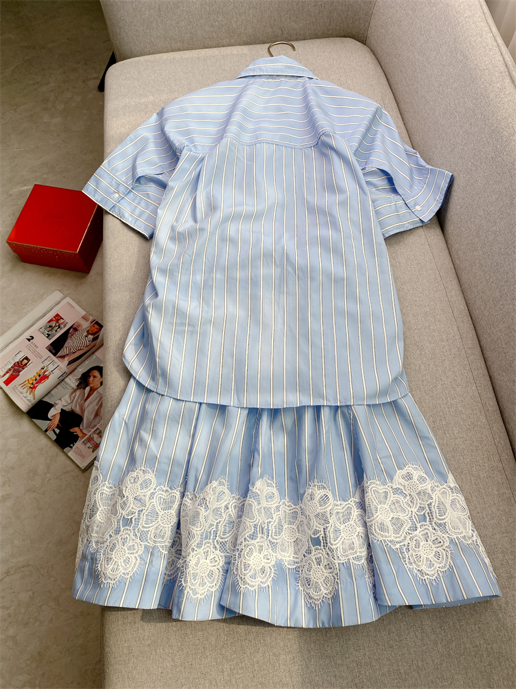 Spring Summer Blue Striped Print Panelled Lace Cotton Dress Short Sleeve Lapel Neck Midi Casual Dresses W4A164283