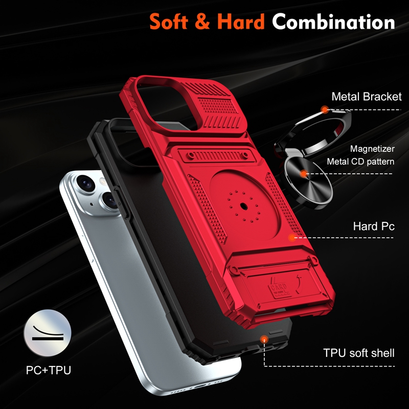 iPhone 15 Pro Max 14 Plus 13 Hard PC TPU Defender Armor Comboヘビーハイブリッドカードスロットショックプルーフインパクトキックスタンドカバー用のカーホルダーメタルフィンガーブラケットケース