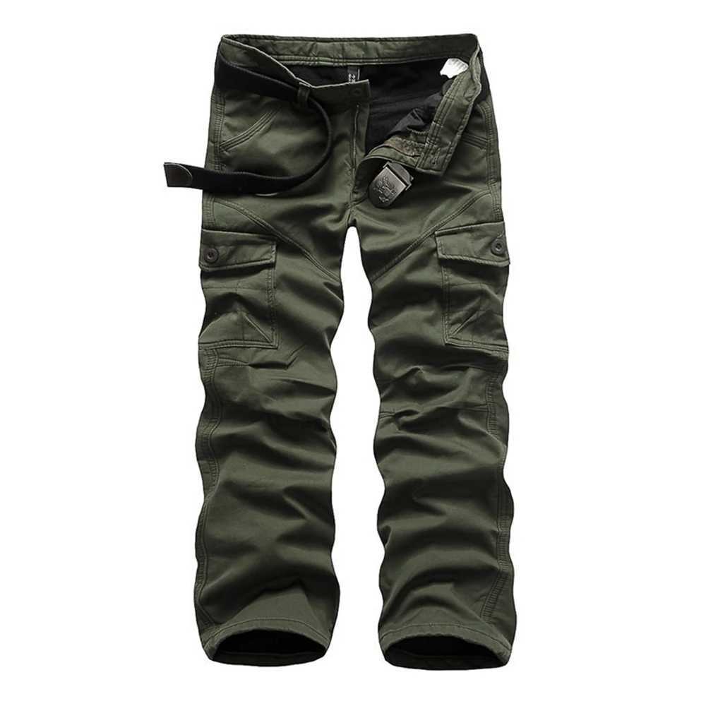 Mäns jeans Hohigh-kvalitet Mens Jeans kamouflagjaktbyxor Multi-Pocket Army utan bälte D240417