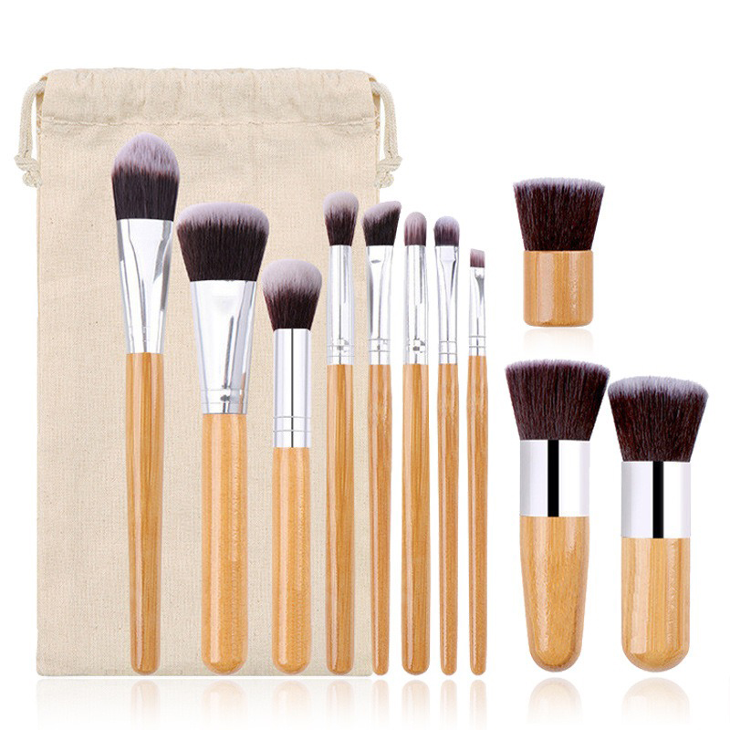 11 Brusque de maquillage de poignée en bambou Sac en toile en lin