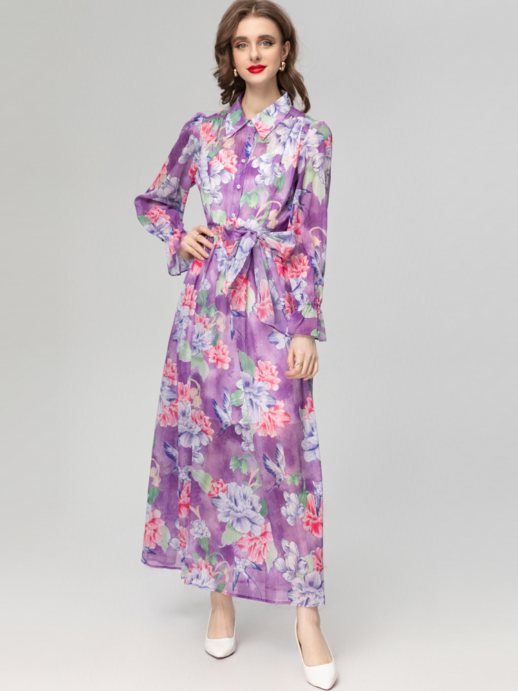 Robes de piste pour femmes baisser le col en lacet up up up imprimé à la mode florale High Street Maxi Vestidos