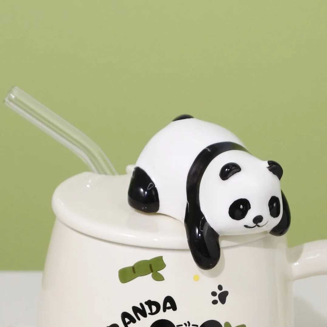 Canecas de desenho animado fofo panda cerâmica caneca 400ml com tampa e colher canecas canecas de leite canecas canecas de café da manhã copo de drinny unsterty presentes 240417