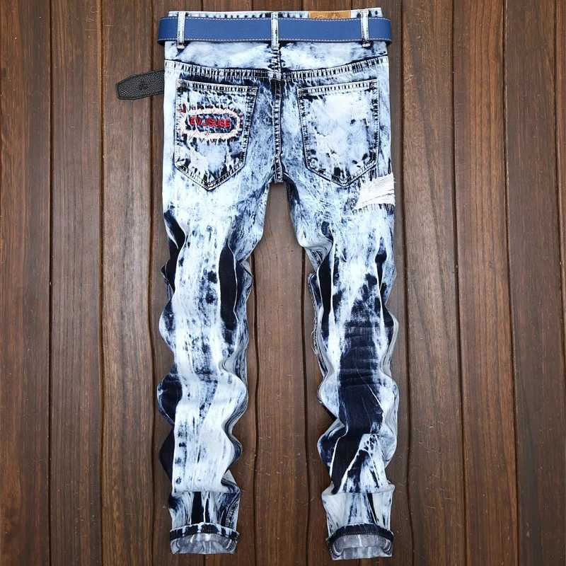 Men's Jeans Mens Denim Embroidery Ripped Patchwork High Street Pants Light-colored Trendy Hole Ruined Straight Large Size d240417