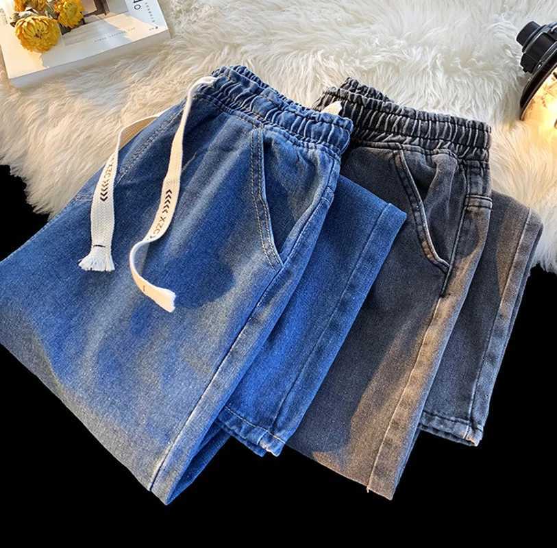 Men's Jeans Summer Elastic Waist for Womens Casual Oversized Loose Straight Drawstring Denim Pants Vintage Wide Leg Trouser S-3XL d240417