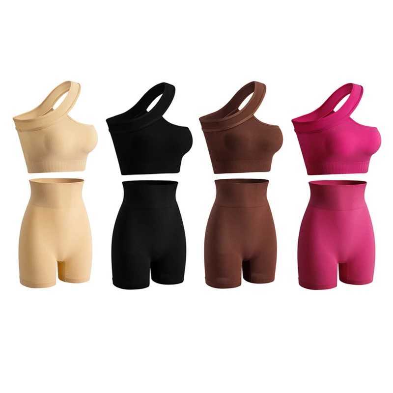 Women's Tracksuits Yoga Set Women Seamless Gym Sportswear Outfits Workout Fitness Bras Female One Shoulder Sports Suit High Waist ShortsL2403