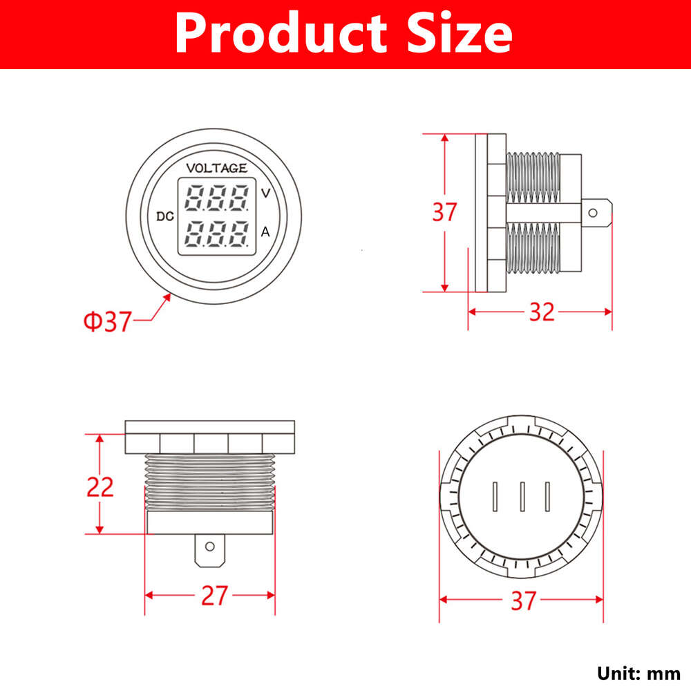 New 12-24V Car Mini Waterproof Dual Voltage VA Threedigit Round LED Panel Digital Ammeter Tester Monitor Display Voltmeter