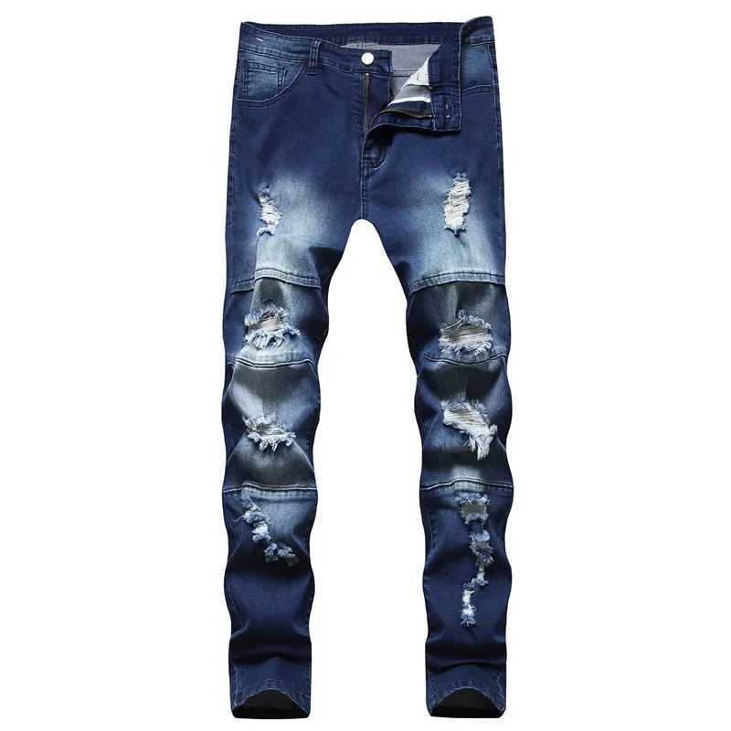 Мужские джинсы мужчины хип -хоп сплайсинг отверстия голубые байкер скинни хорошего качества мужского стиля уличного стиля хлопчатобумажной джинсы D240417