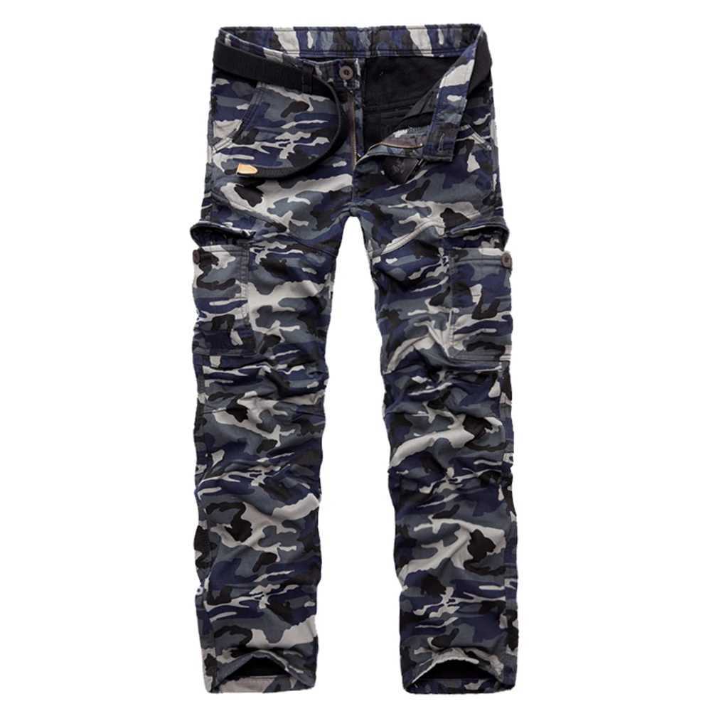 Mäns jeans Hohigh-kvalitet Mens Jeans kamouflagjaktbyxor Multi-Pocket Army utan bälte D240417