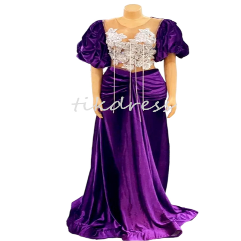 半袖のエレガントな紫色のウエディングドレスは、アプリケーションを通して人魚のアラビア語アフリカのイブニングドレスベルベットビーズタッセルフォーマルエンゲージメントパーティーガウン2024