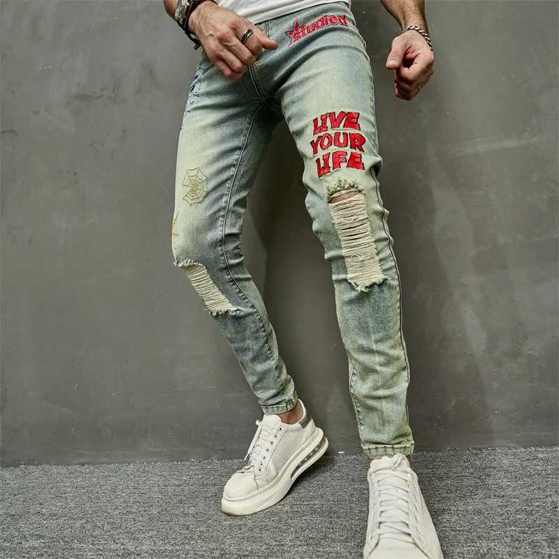 Men's Jeans New Men Vintage Stylish Embroidery Ripped Hip hop Slim Pencil Male Stretch Holes Casual Denim Trousers d240417