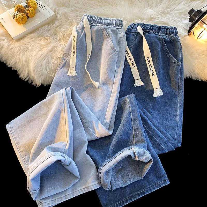 Men's Jeans Summer Elastic Waist for Womens Casual Oversized Loose Straight Drawstring Denim Pants Vintage Wide Leg Trouser S-3XL d240417