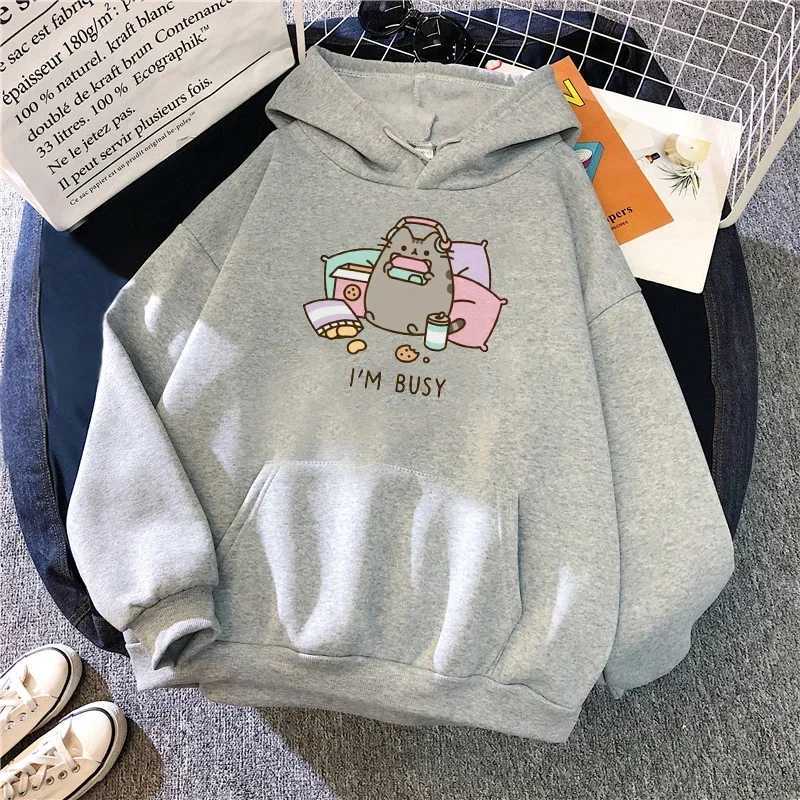 Sweats à capuche pour femmes Je suis occupée Cat Lettre imprimée femme Sweatshirts 2024 mignon Pilé Offise Fashion Automne Hiver Sweat-temps Vêtements adolescents Vêtements 240413