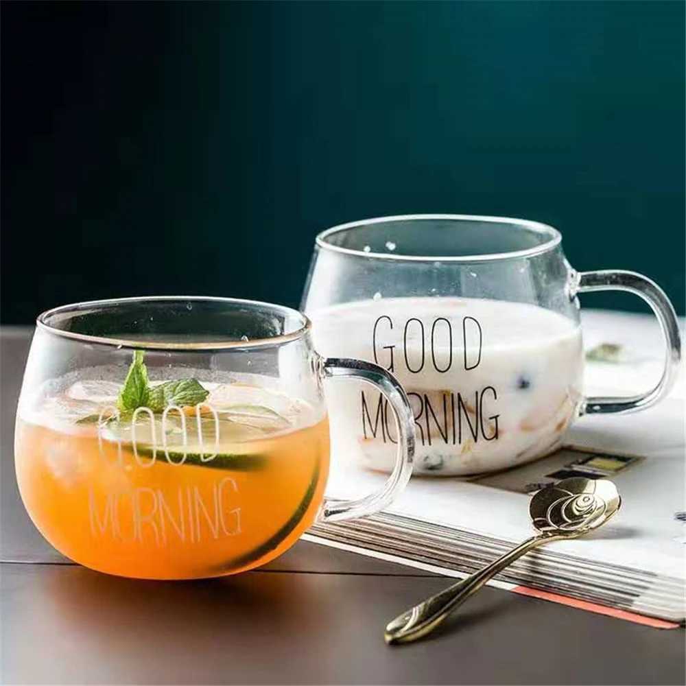 1yku Tassen 350 ml Buchstaben gedruckt transparent kreatives Glas Kaffee Tee Becher Frühstück Milk Tasse große Kapazität mit Getränkerntensilien 240417