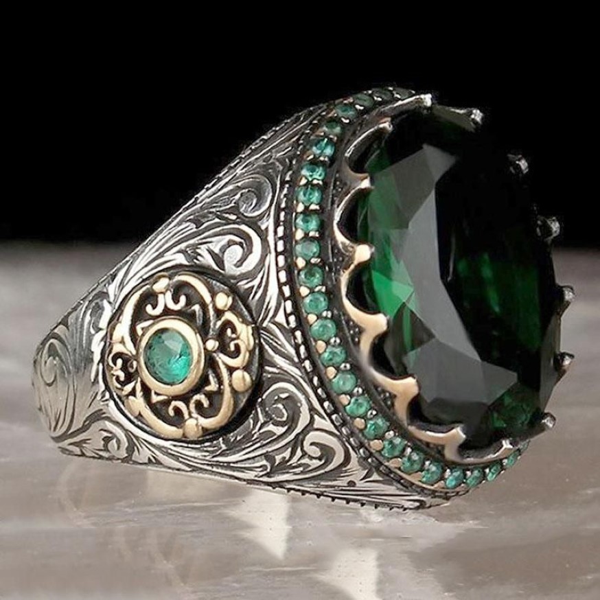 Anelli di nozze Big Ring uomini Ancient Silver Colore intarsiato Blue Green Agate Punk Punk Motore Biker Dimensione 11 12 13185i