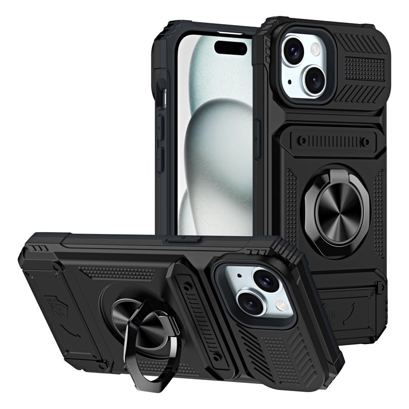 iPhone 15 Pro Max 14 Plus 13 Hard PC TPU Defender Armor Comboヘビーハイブリッドカードスロットショックプルーフインパクトキックスタンドカバー用のカーホルダーメタルフィンガーブラケットケース