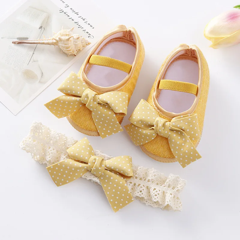 Cotton First Walkers schoenen voor pasgeboren babymeisjes peuter schoenen hoofdband set baby flats boogknoop hoofdband zachte zool niet-slip