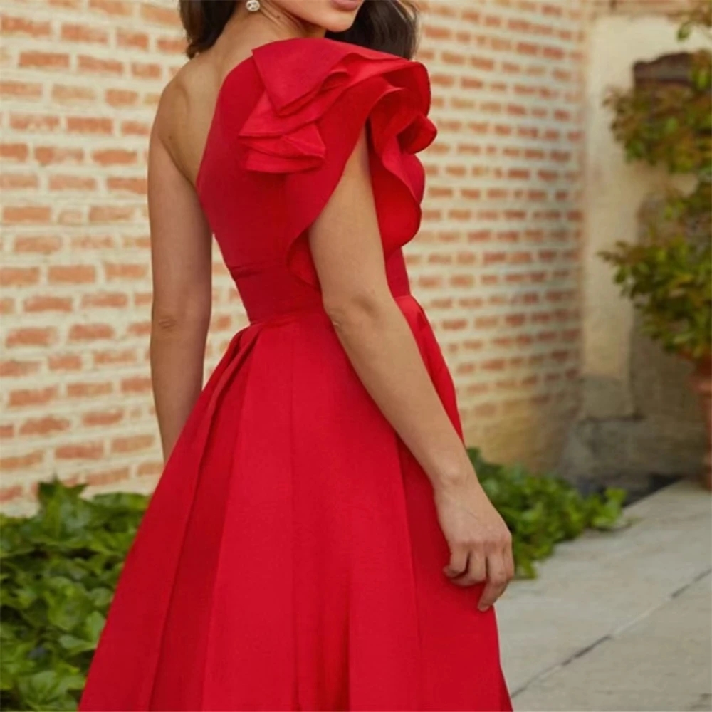 Red Elegant Satin Short Prom Party Kleider eine Schulter Rüschen Tee Länge Eine Linie Cocktail Formalkleider für Frauen Einfacher zweiter Rekaption Club Wear Vestidos CL3503