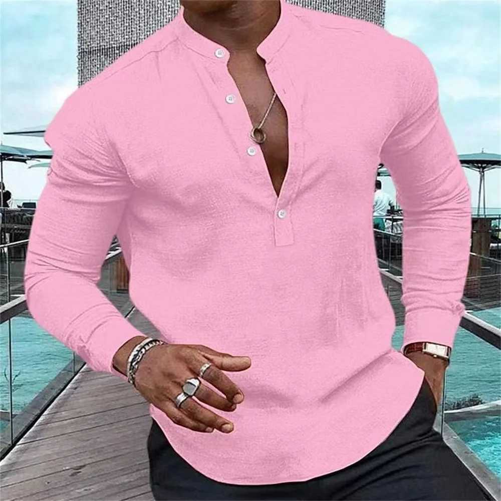 N3Q9 Camisas casuais masculinas 2023 Novo camisa de alta qualidade de alta qualidade Henry Solid Meio Open Button Standing Muscle Street Top 24416
