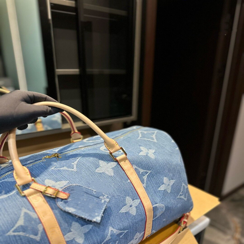 Toppkvalitet Nya män och kvinnor denim duffle påse kvinnor resväskor hand bagage rese väskor män handväskor stora tvärkroppar totes 50 cm