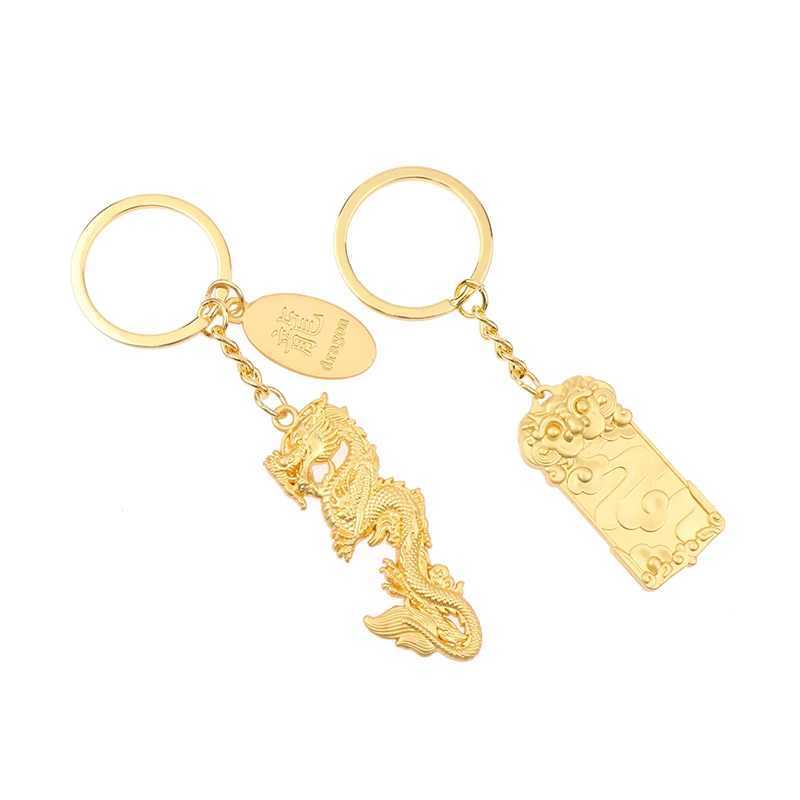 Keychains Lanyards 2024 år av Dragon Cartoon Fu Wealty Dragon Solid Lucky Key Chain Gold Color Cute Totem Hanging Keyring For New Year Gifts D240417