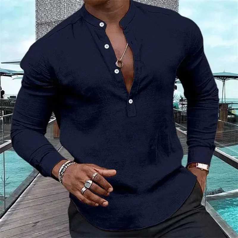 Camicie casual da uomo camicia da moda maschile Henry Solid Color Halfen Botton State Collar Muscular Tops Street Morbida e confortevole 2023 Nuovo Top 240417
