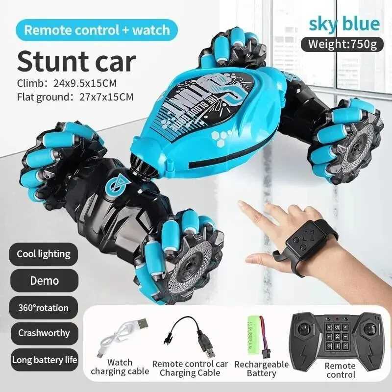 Diecast Model Cars Stunt RC car with LED lights childrens 4WD 1 16 gesture sensing deformation twisting climbing remote control car electronic toy J240417