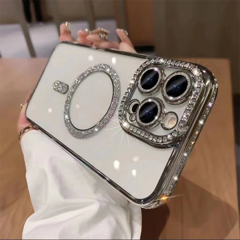 Бриллиант блеск магнитный силиконовый мягкий корпус для iPhone 15 14 13 12 11 Pro Max Plus Samsung S24 S23 Прозрачный ударный удар по беспроводному заряду