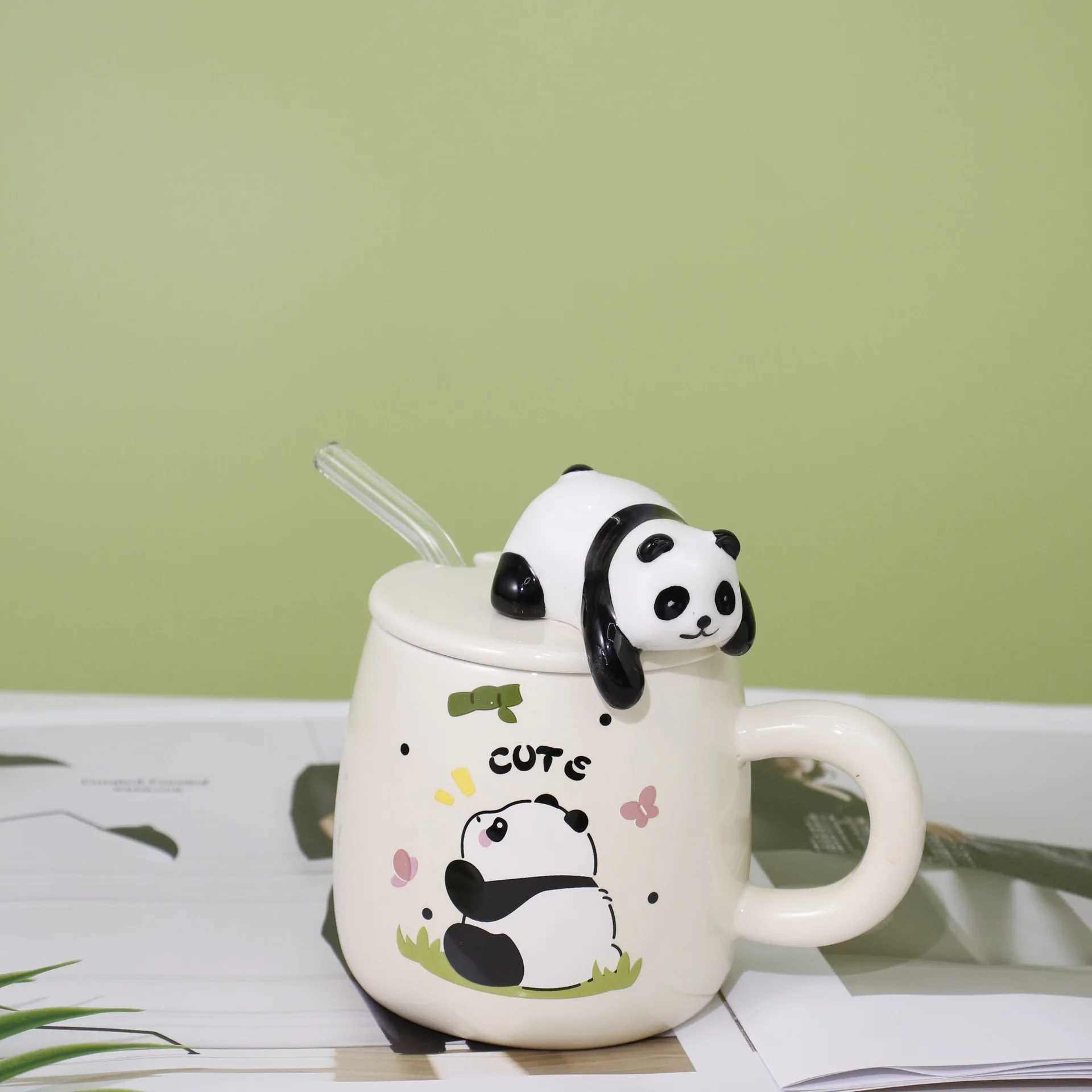 JJ6C кружки милая мультипликационная панда керамика кружка 400 мл с крышкой и ложкой кофейных кружков молоко