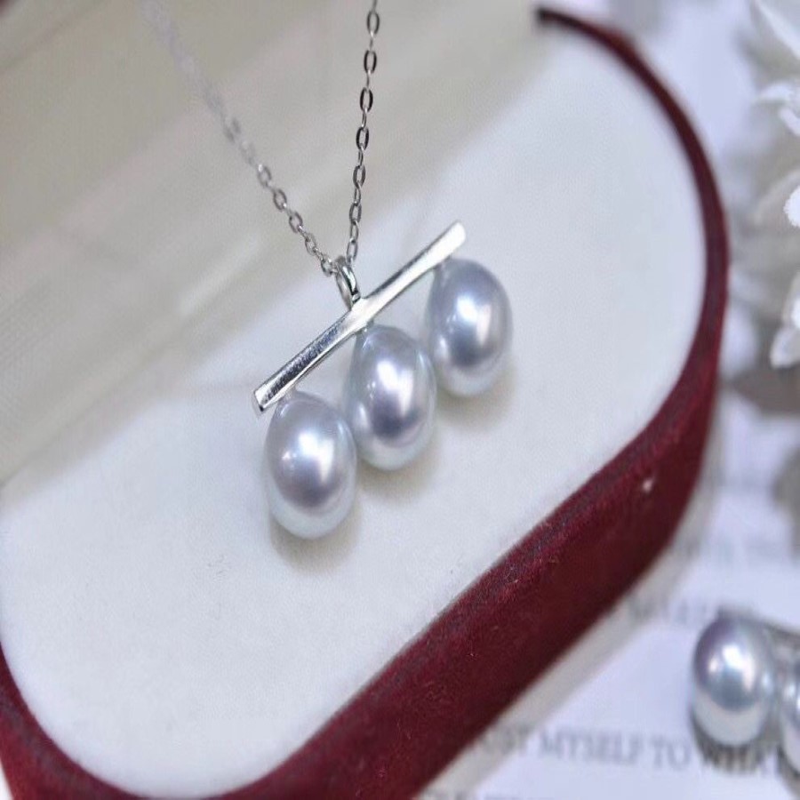22092603 Collier de bijoux de perle pour femmes Akoya 8-9 mm trois pendants 18 carats en or blanc plaqué fille cadeau anniversaire élégant GE254J