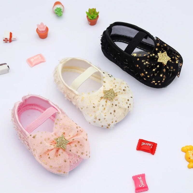 Cotton First Walkers Glitter Star Baby Girls Bow Shoes Soft Sole Footwear Princess Dress Matching Newborn Wedding Walking Shoes