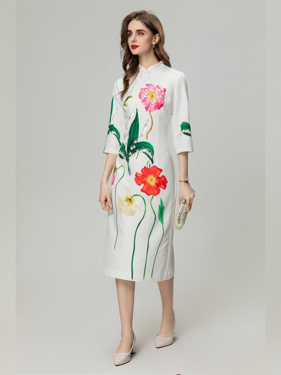 Design de mode de mode d'été Femmes Femmes Vintage Floral perles brodées Flures Mandarin Collier Mid-Calf Robes de penci blancs élégants