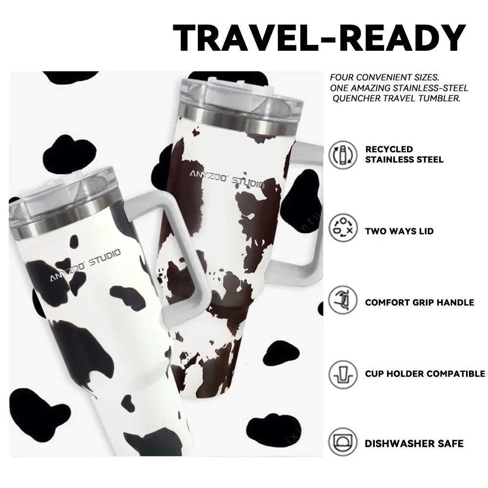 Mugs 40 oz tumbler with handle with Straw Lids Stainless Steel Coffee Termos Cups Car Mugs vacuum cup Cute Cow Print Thermos Cup 240417