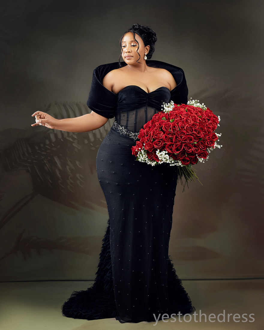 2024 Plus Size Black Prom Dresses for Black Women Illusion Mermaid Formal Evening Gowns Pearls Crystals Decorated Birthday Party Dress Second Reception Gowns AM720