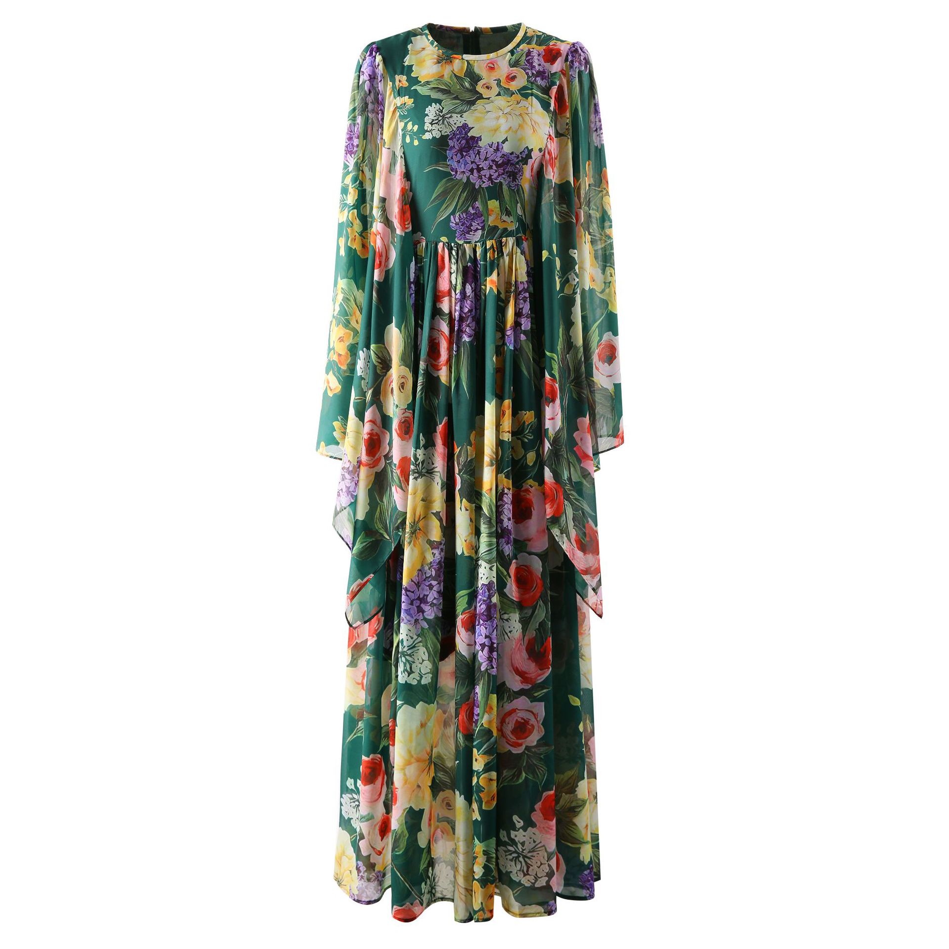 Bohemian Style Floor Length Dresses for Women Summer Runway Designer Floral Print Chiffon Long Dress Elegant Batwing Sleeve Vacation Beach Vestidos Para Mujer