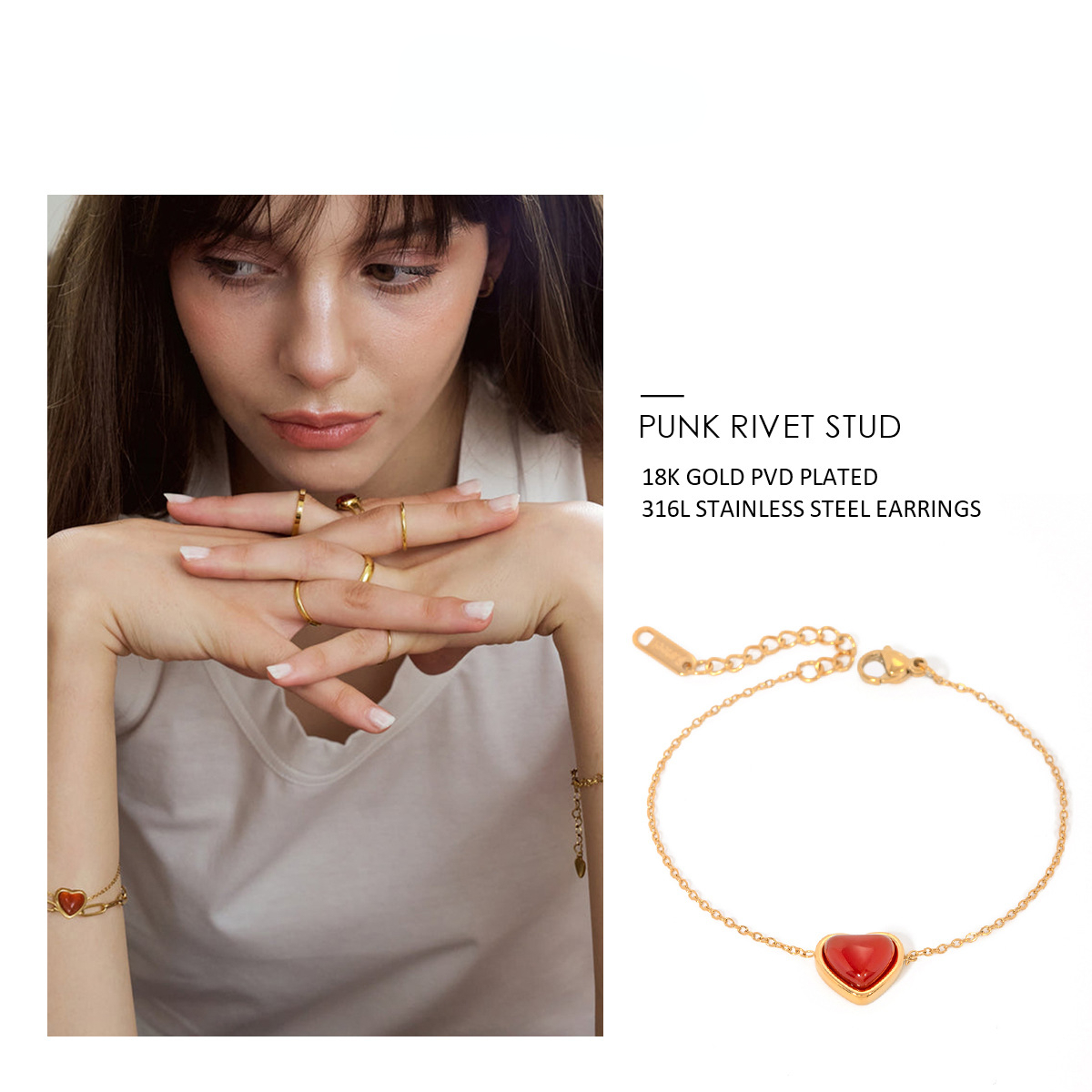 Neues Edelstahl 18K Gold-plattiert eingelegtes rotes Achat herzförmiges Armband für sich selbst Freundin und Mutter Bestes Geschenk kostenloser Versand