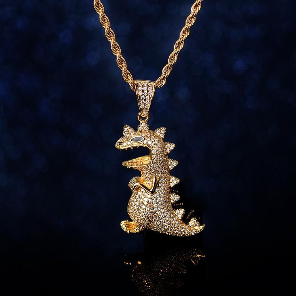 Colliers pendentifs Creative Cartoon Dinosaur Iced Out Cumbic Zircon Collier Cool Hip Hop Jewelry Gift for Men Party2760