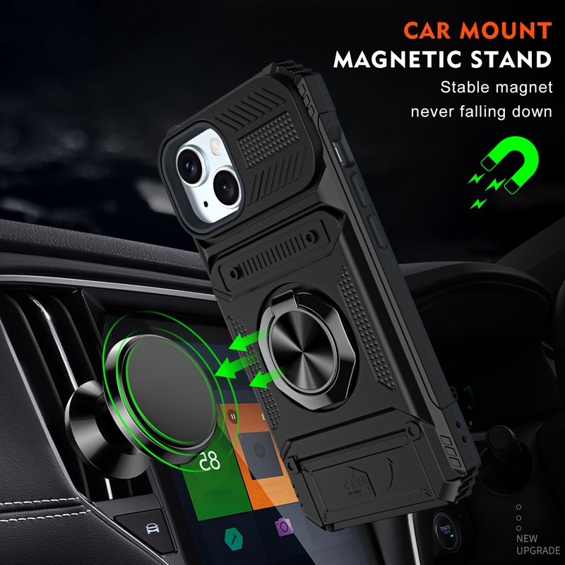 Bilhållare Metal Finger Ring Bracket fodral för iPhone 15 Pro Max 14 Plus 13 Hard PC TPU Defender Armor Combo Heavy Hybrid Card Slot stockproof Impact Kickstand Covers