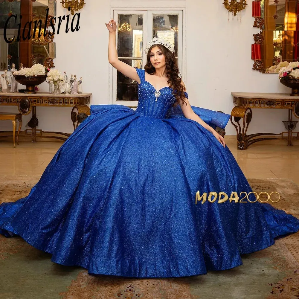 Royal Blue Glitter Crystal Beading Ball Gown Quinceanera Dress Off The Shoulder Ruffles Corset Vestidos De XV Anos